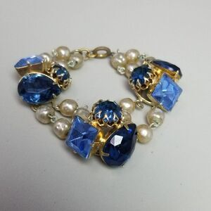 Vintage Blue Rhinestone Clusters and Faux Pearl Beaded Bracelet, Made in Germany